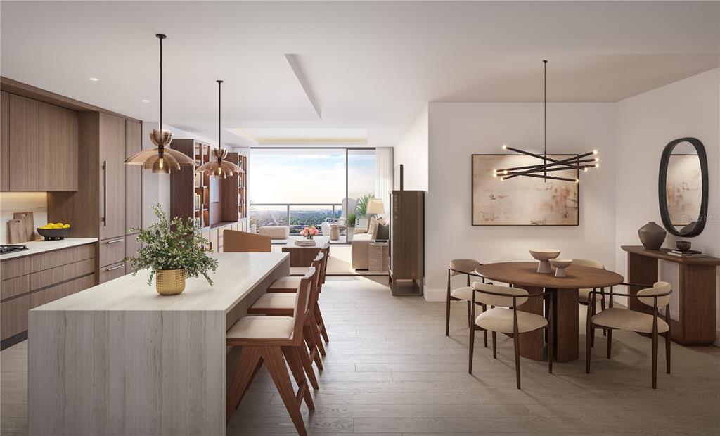 This rendering shows an open-concept kitchen and dining area with modern wood finishes and balcony — 111 S ASHLEY DRIVE UNIT 2107, TAMPA, FL