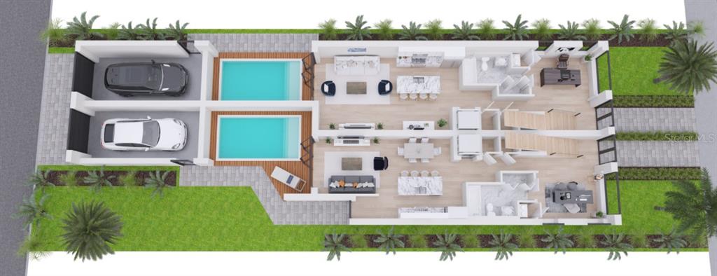 This 3D floor plan rendering shows two side-by-side residential units with private pools and garages — 145 5TH AVENUE N, ST PETERSBURG, FL
