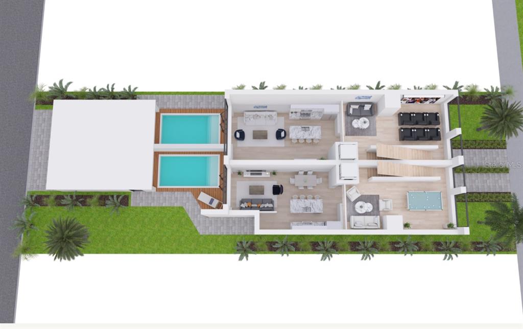 This architectural rendering shows the floor plan of a two-unit home with pools and patios — 145 5TH AVENUE N, ST PETERSBURG, FL
