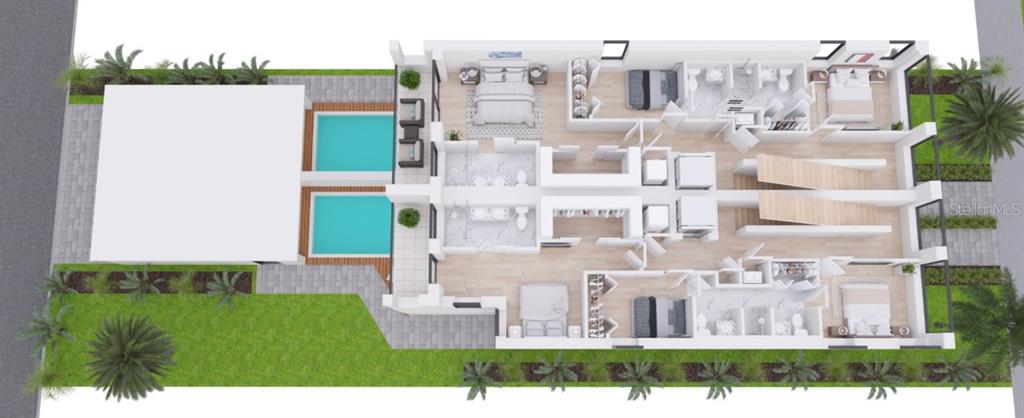 This 3D floor plan rendering shows a multi-bedroom residential layout with two private swimming pools — 145 5TH AVENUE N, ST PETERSBURG, FL