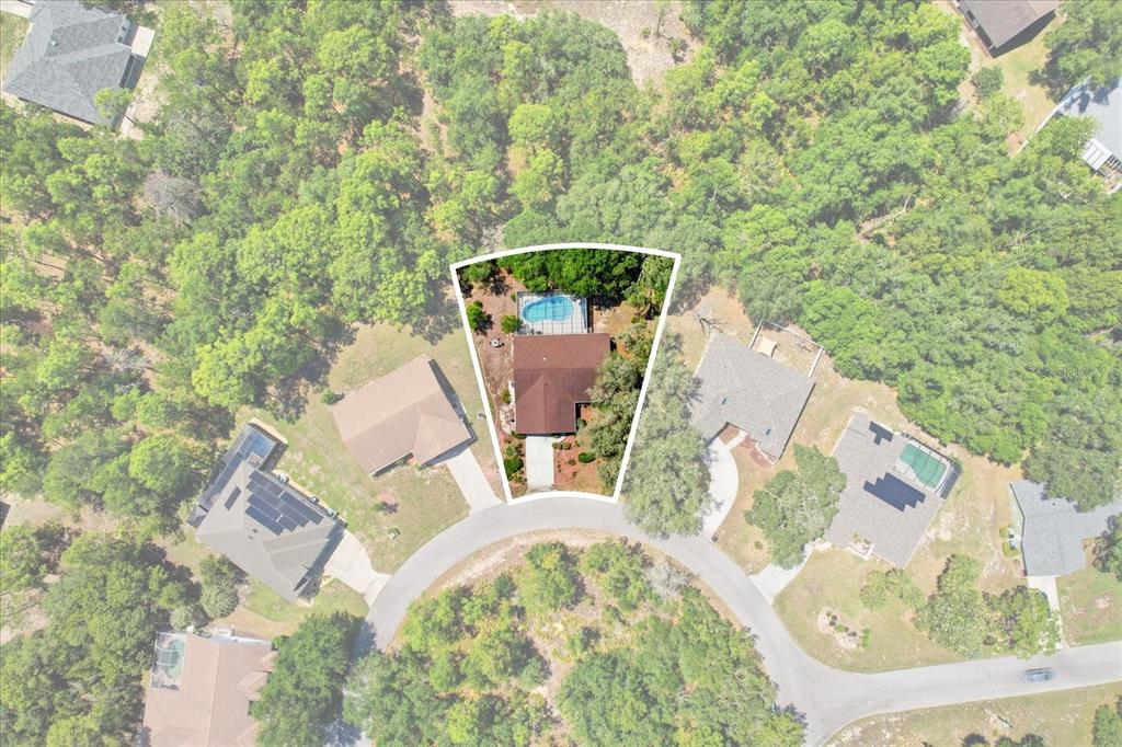 This aerial view shows a single-family home with a backyard pool on a cul-de-sac lot — 20 SALVIA COURT, HOMOSASSA, FL