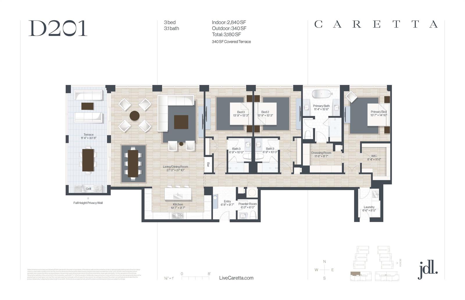This is a floor plan for a three-bedroom, three-and-a-half-bath residential unit with a terrace — 1011 Us Highway 1 # D201, Juno Beach FL 33408, JUNO BEACH, FL