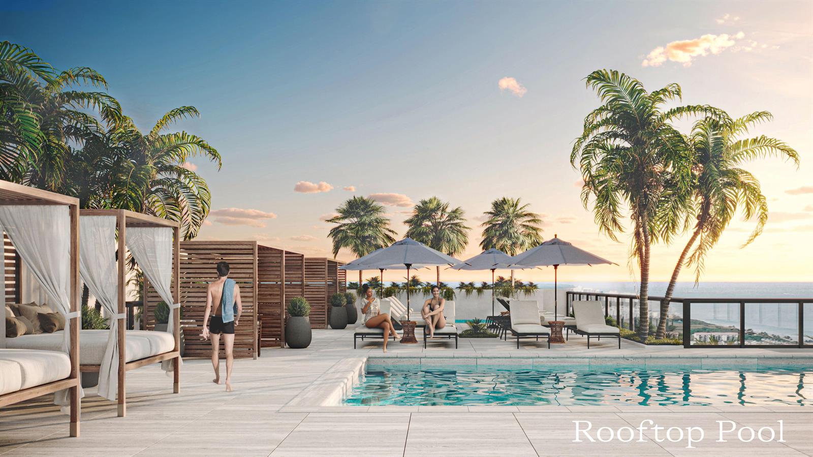 This rendering shows a rooftop pool area with lounge chairs, cabanas, and palm trees — 1011 Us Highway 1 # D201, Juno Beach FL 33408, JUNO BEACH, FL