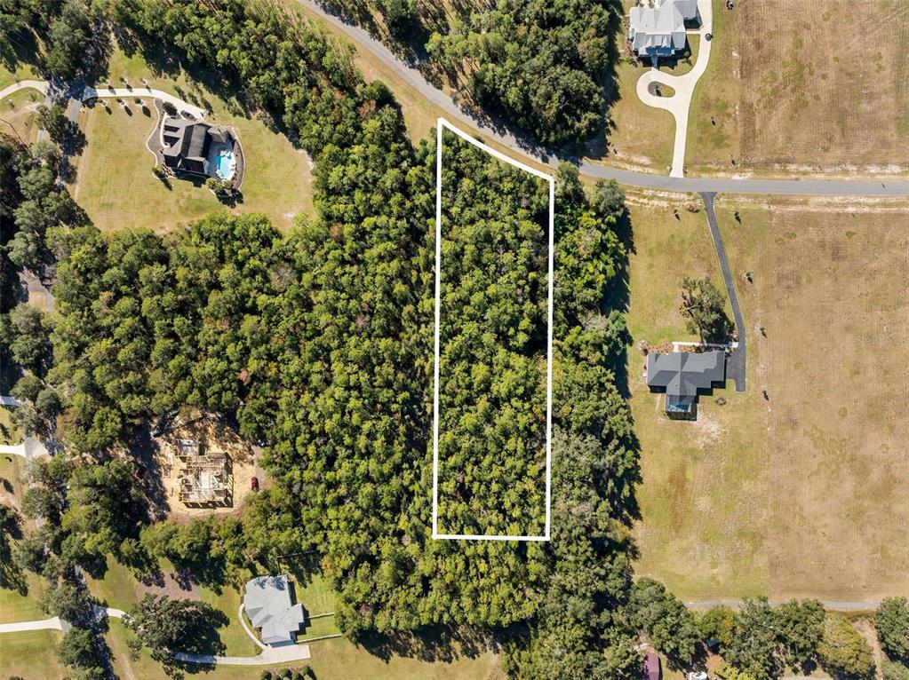 An aerial view shows a rectangular wooded lot outlined in white within a residential area — 18928 SW 21ST PLACE, NEWBERRY, FL