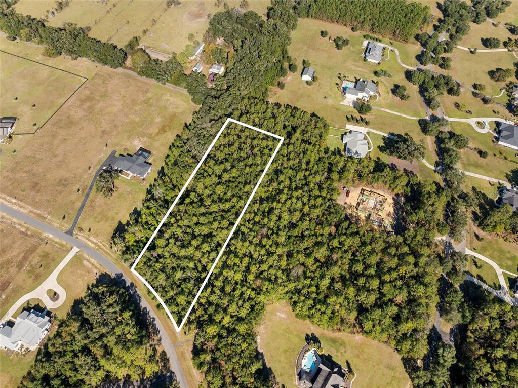 An aerial view shows a rectangular, wooded lot outlined in white within a residential area — 18928 SW 21ST PLACE, NEWBERRY, FL