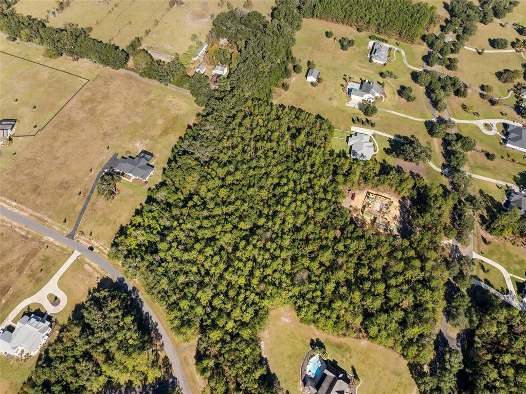 An aerial view shows a wooded lot surrounded by residential houses and paved roads — 18928 SW 21ST PLACE, NEWBERRY, FL
