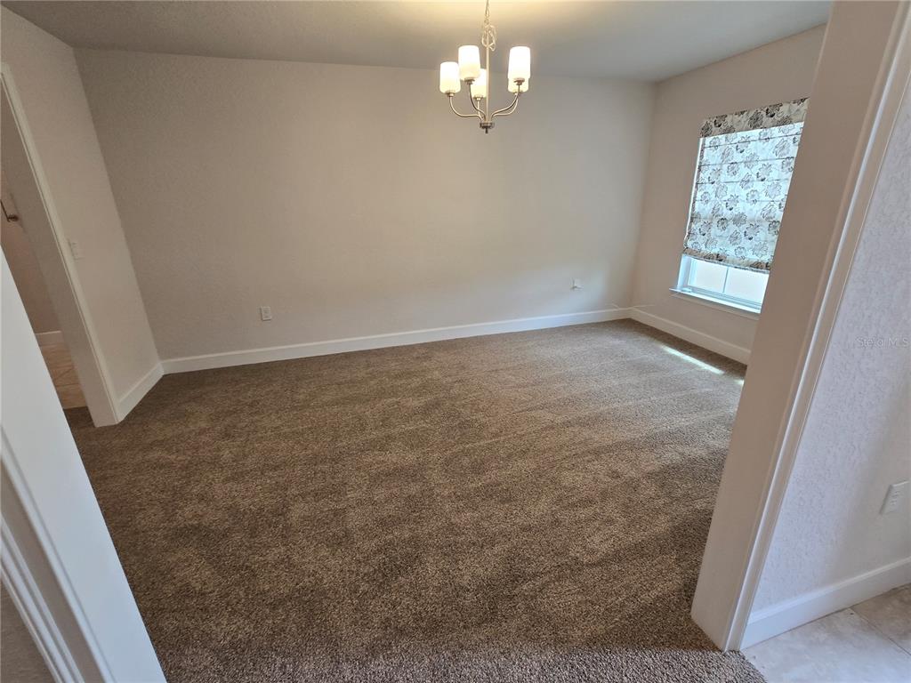 A carpeted dining room features a chandelier and a window with a patterned shade — 825 W HALLAM DRIVE, CITRUS SPRINGS, FL