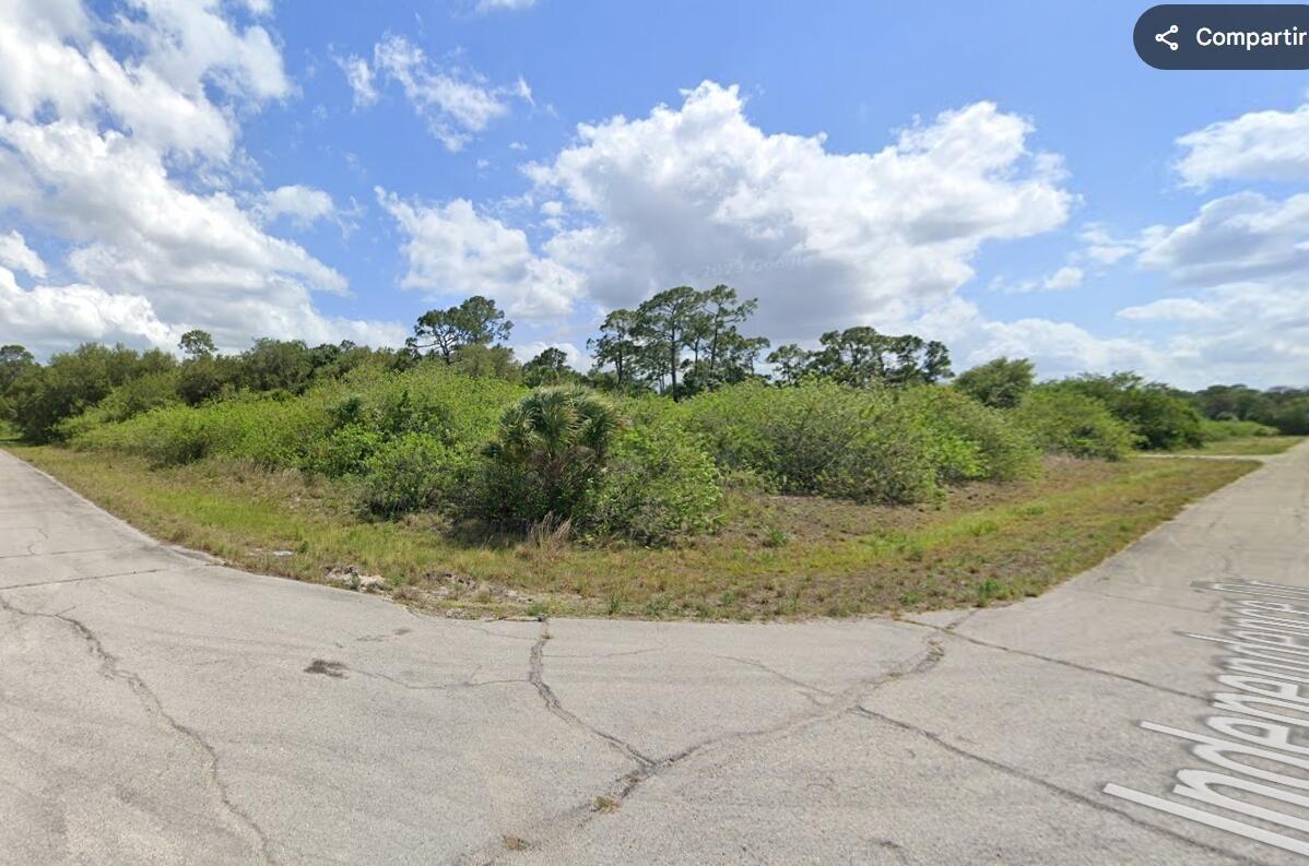A vacant, overgrown corner lot is situated at the intersection of two paved residential streets — 300 Knight Lane, FL 33935, FL