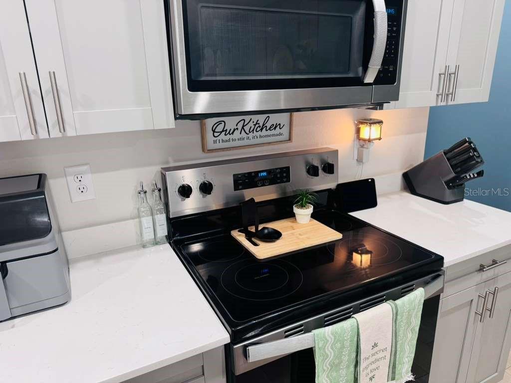 A kitchen features white cabinets, a stainless steel microwave, and a black electric range — 3840 KING HILL DRIVE, HAINES CITY, FL