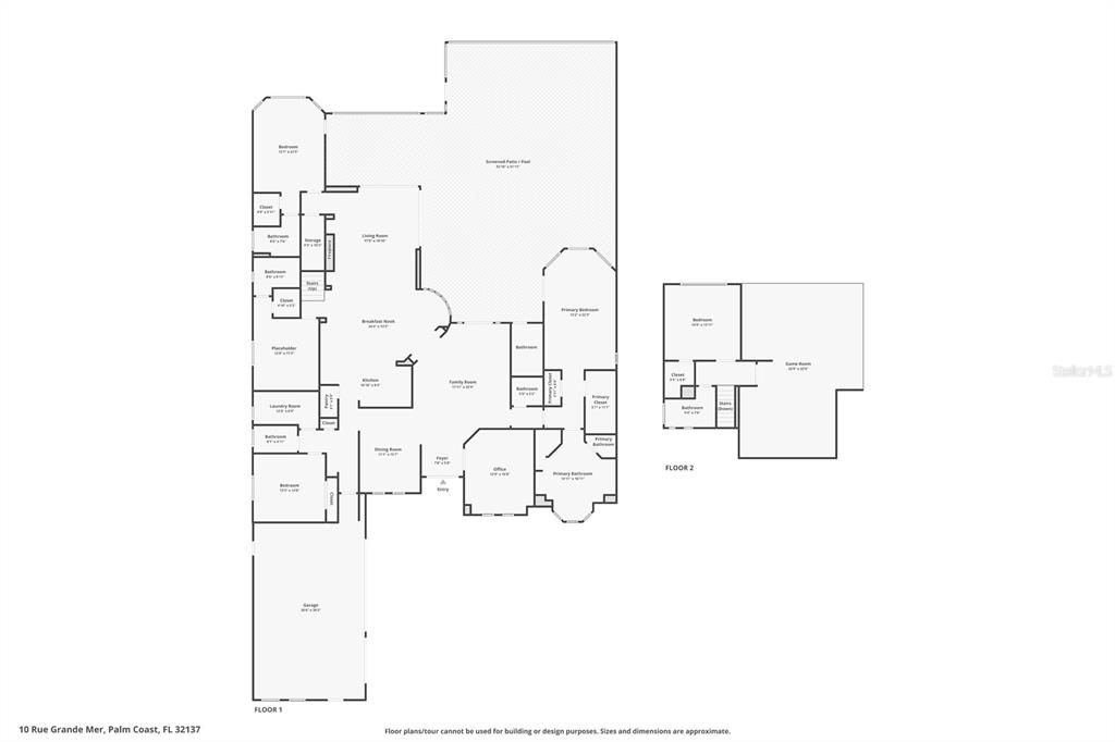 This is a floor plan showing the layout of a two-story residential home — 10 RUE GRANDE MER, PALM COAST, FL