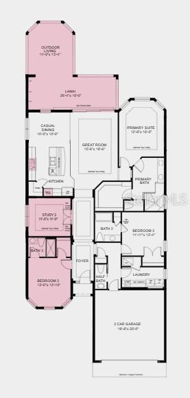 This is a floor plan for a single-story home featuring three bedrooms, a garage, and a lanai — 3826 MASANIELLO WAY, WESLEY CHAPEL, FL