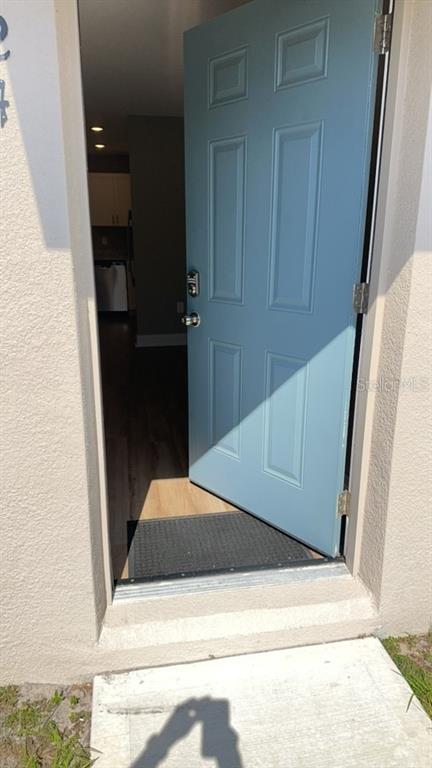 A light blue front door stands open, revealing a view into a home's interior — 324 AVENUE Y NE UNIT B, WINTER HAVEN, FL
