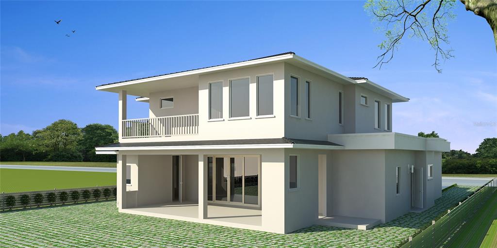 This is a 3D rendering of a two-story house with a balcony and covered patio — 1130 MECHANIC STREET, MAITLAND, FL