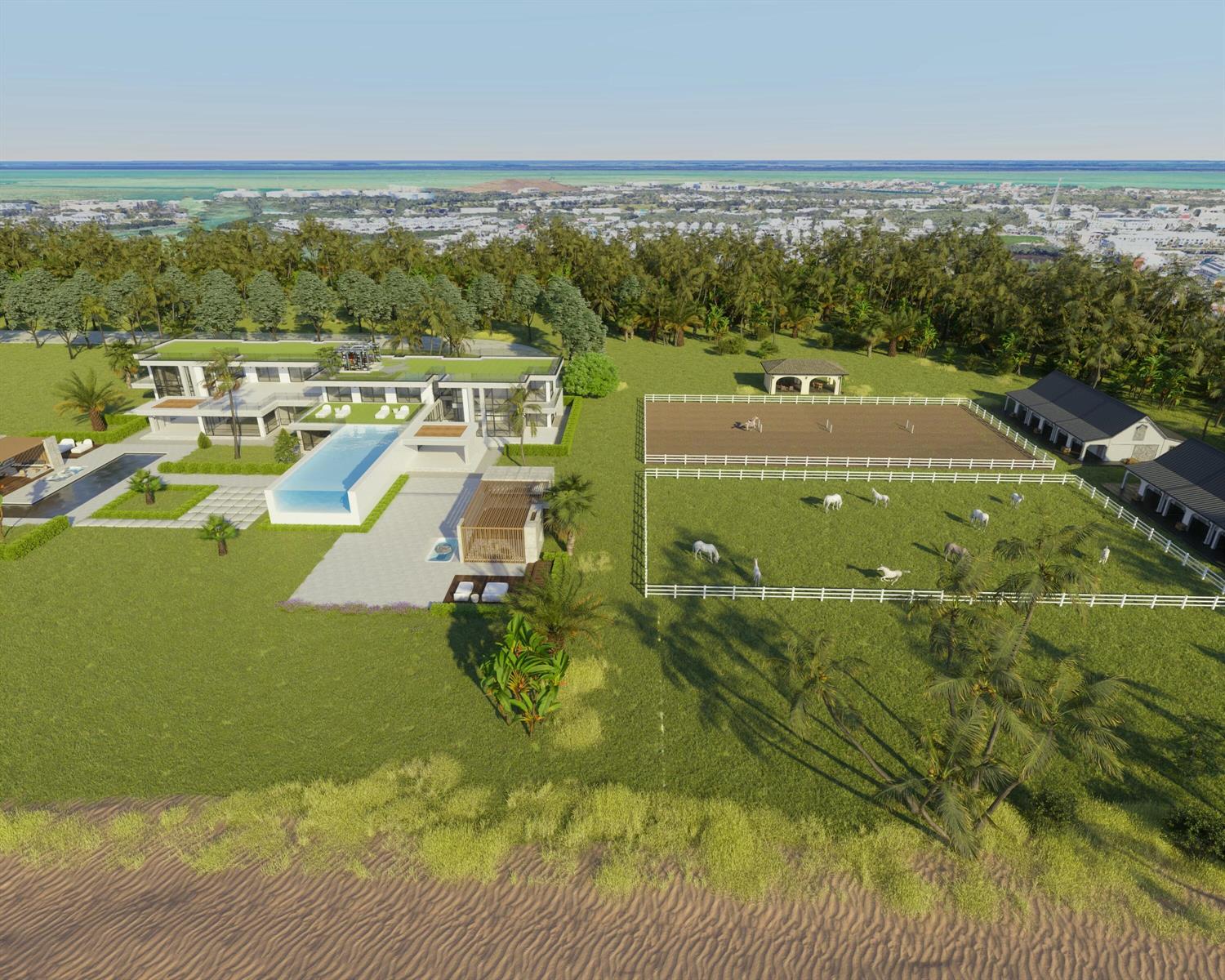 This architectural rendering shows a modern luxury estate with a pool, stables, and horse pasture — 7000 5th Street, Key West FL 33040, KEY WEST, FL