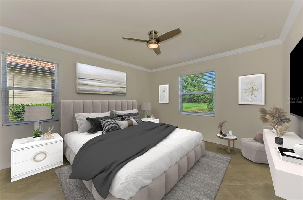 This is a virtually staged bedroom with a bed, two nightstands, and two windows — 9824 HILLTOP DRIVE, VENICE, FL