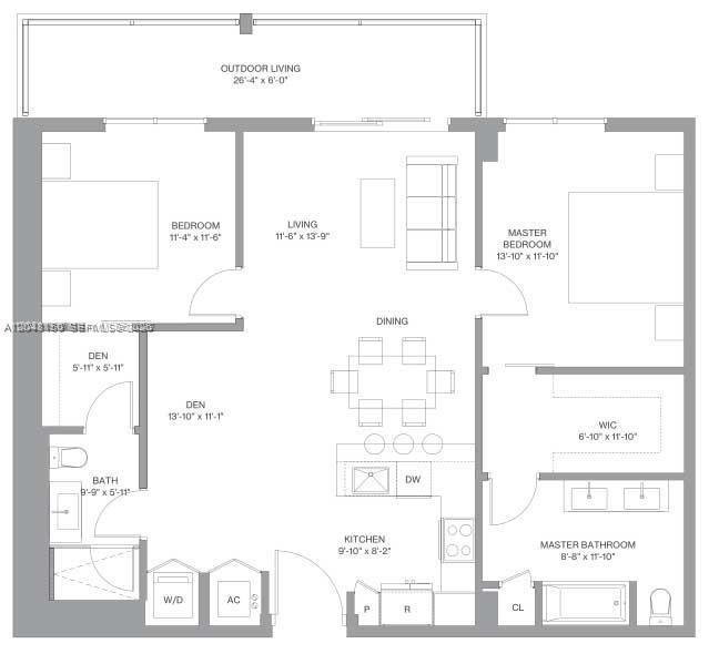 This is a floor plan for a two-bedroom apartment with a den and outdoor living space — 2000 Metropica Way # 1602, Sunrise FL 33323, SUNRISE, FL