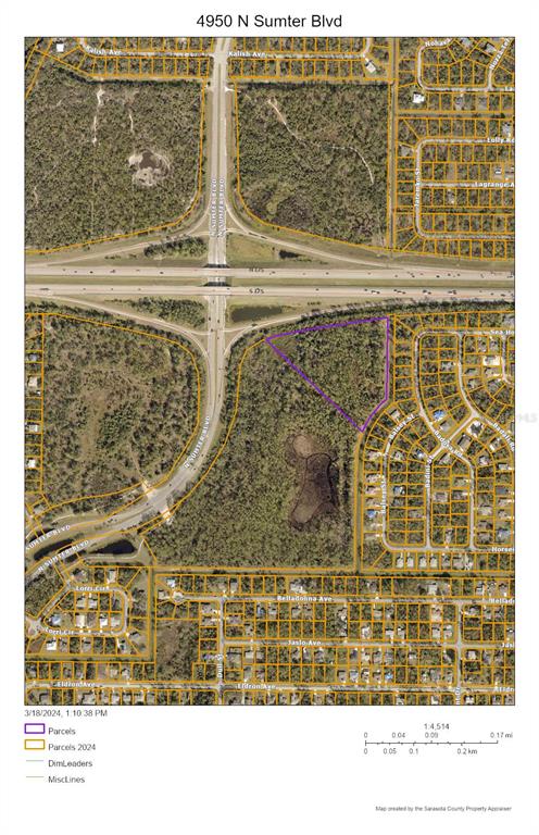 This is a satellite map showing a triangular parcel of land outlined in purple — 4950 N SUMTER BOULEVARD, NORTH PORT, FL