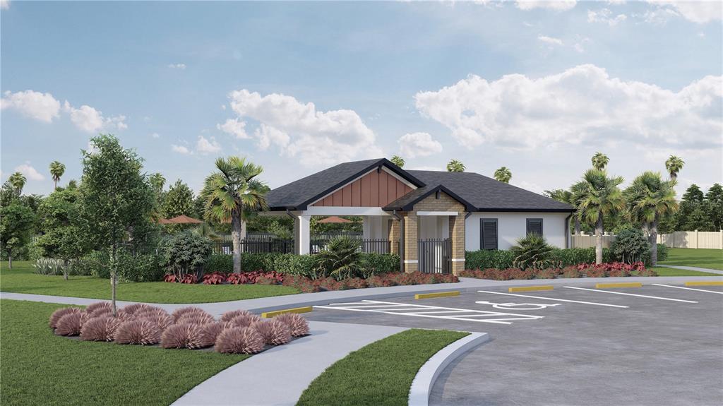 This is a rendering of a community clubhouse exterior with a parking lot and landscaping — 31696 OYSTER TRELLIS LANE, WESLEY CHAPEL, FL