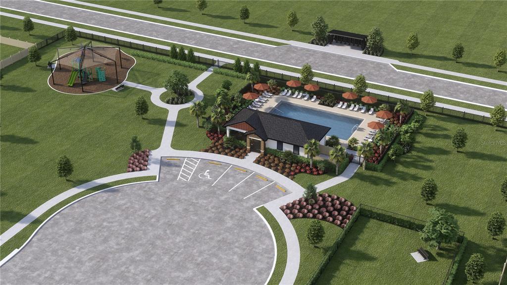 This rendering shows a community amenity center with a swimming pool, playground, and parking lot — 31696 OYSTER TRELLIS LANE, WESLEY CHAPEL, FL