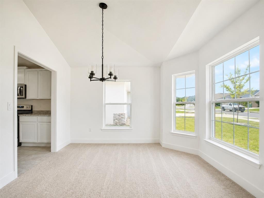A dining area with beige carpet, a black chandelier, and windows overlooking a suburban street — 262 VERNY GROVE LANE, LEESBURG, FL