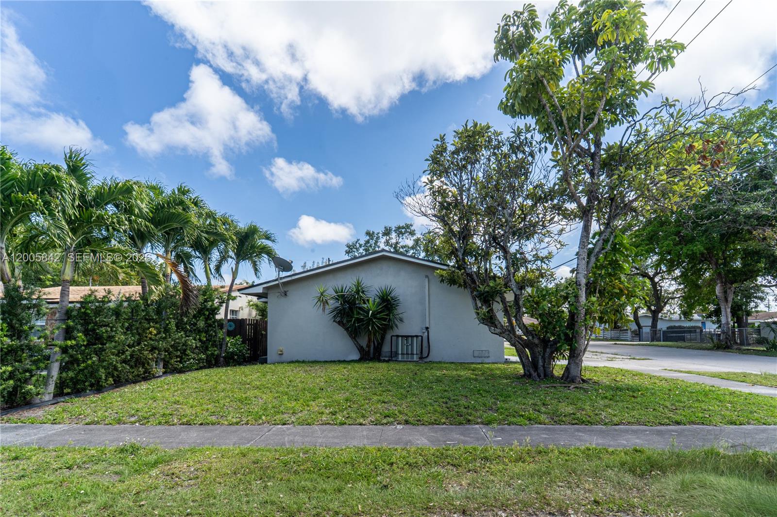 The exterior of a single-story house features a gray stucco wall, landscaping, and a tree — 2260 Charleston St, Hollywood FL 33020, HOLLYWOOD, FL