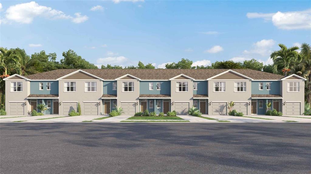 This is a digital rendering of a multi-unit townhouse building with garages and blue accents — 446 WHISTLING DUCK PLACE, RUSKIN, FL