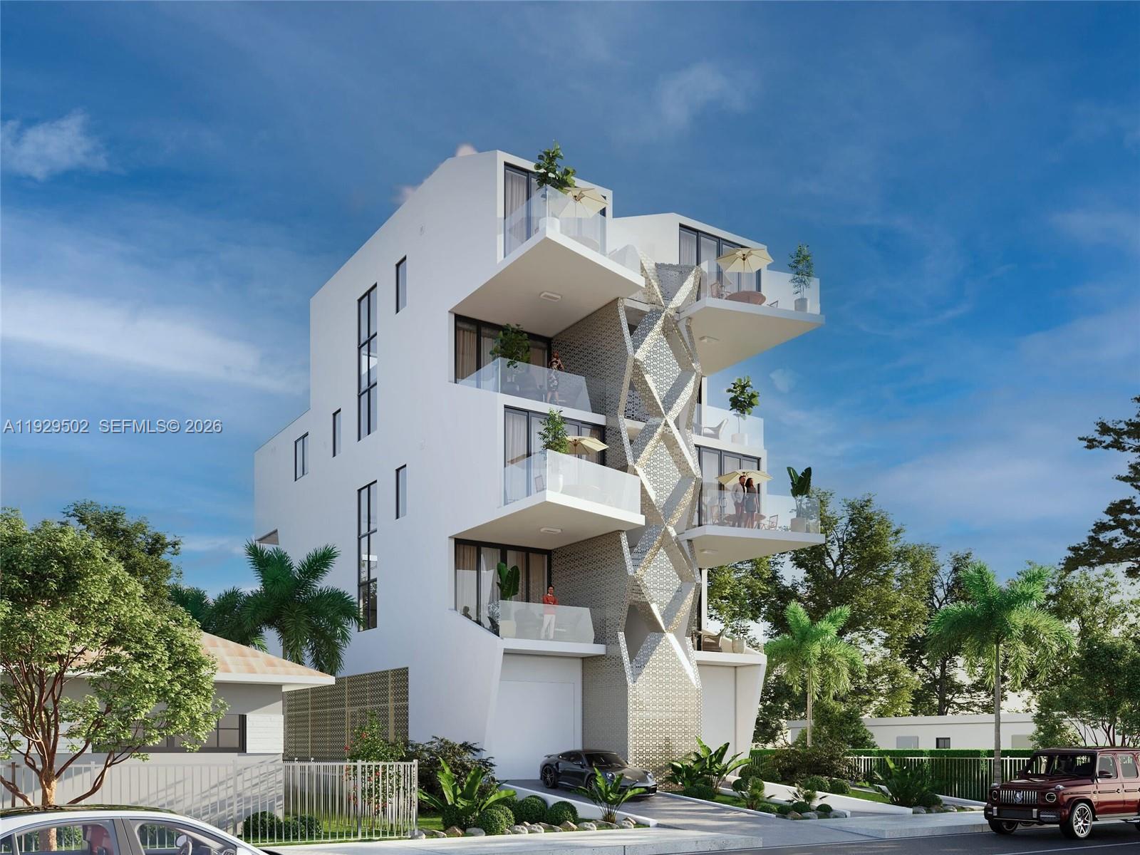 This is a rendering of a modern four-story residential building with stacked balconies and geometric facade — 756 84th St # C, Miami Beach FL 33141, MIAMI BEACH, FL