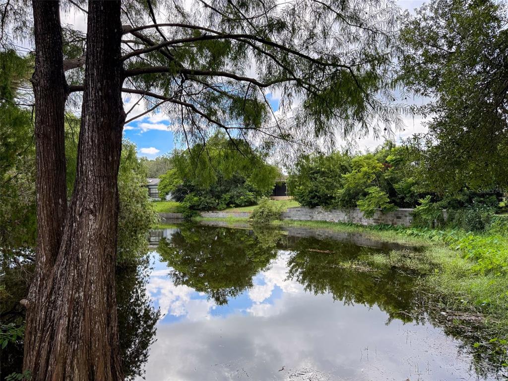 A pond reflects trees and a cloudy blue sky in front of a residential property — 3711 ERIN BROOK DR, NEW PORT RICHEY, FL