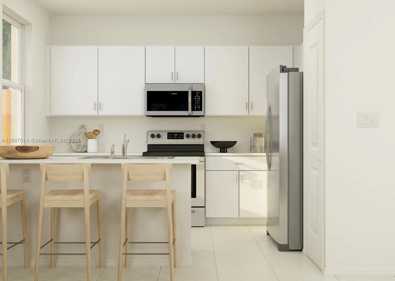This is a digital rendering of a modern kitchen featuring white cabinets and stainless appliances — 12629 NW 23rd Pl, Miami FL 33167, MIAMI, FL