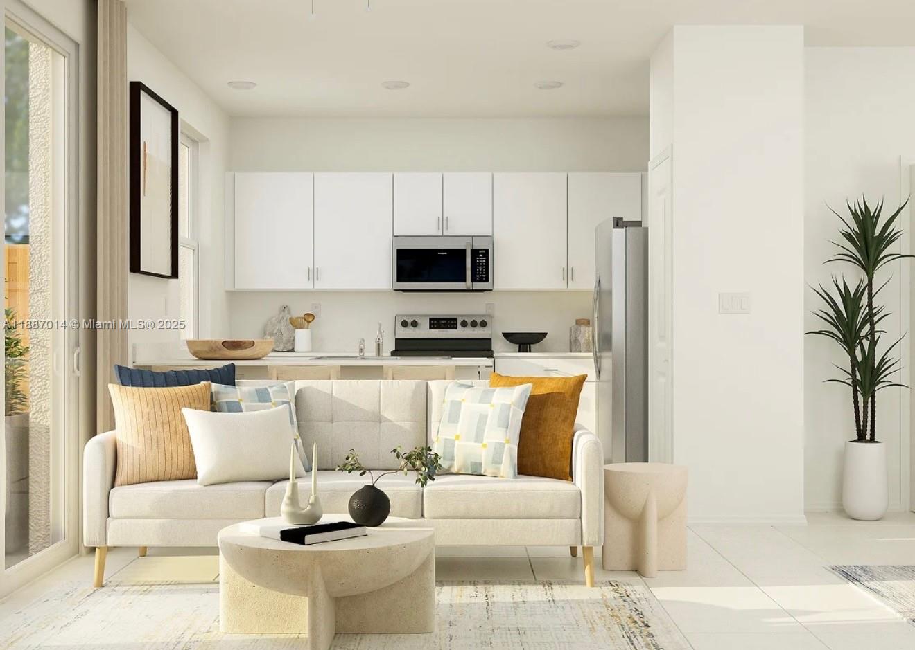 This rendering shows an open-concept kitchen and living area with white cabinetry and neutral furniture — 12629 NW 23rd Pl, Miami FL 33167, MIAMI, FL