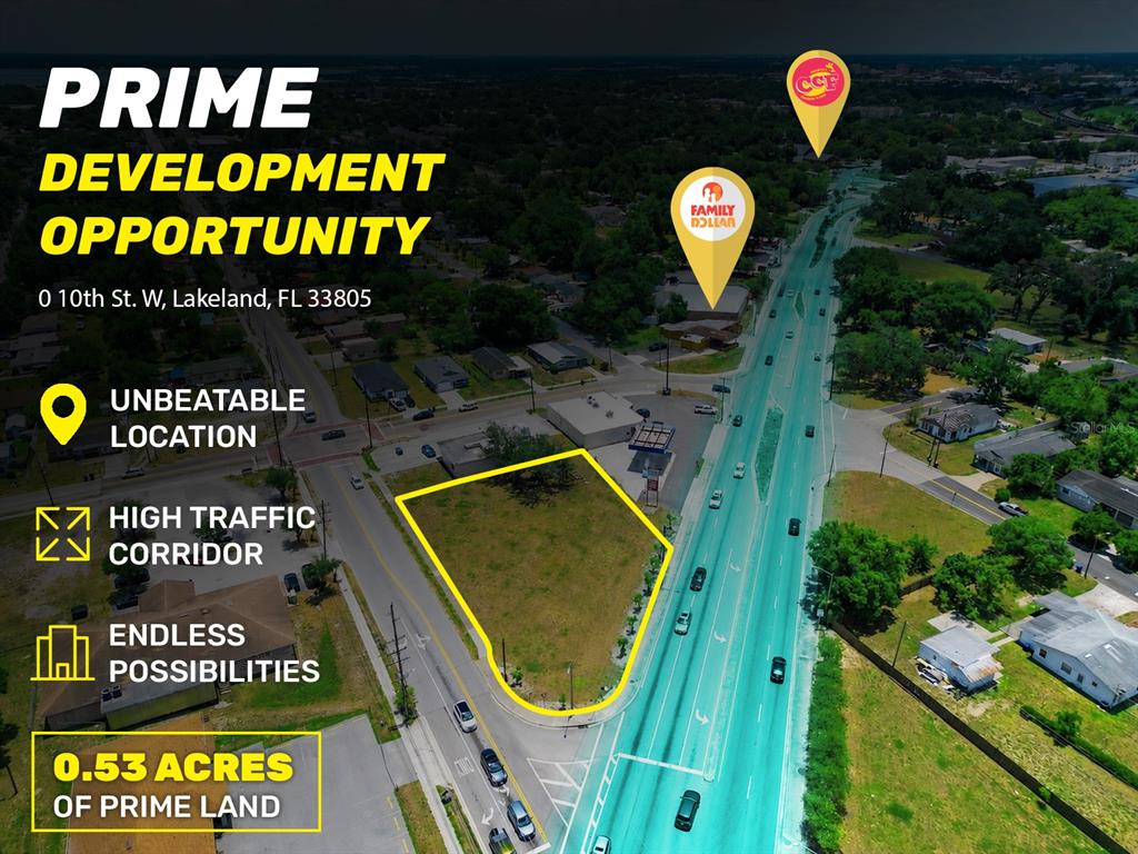 An aerial view shows a vacant, yellow-outlined lot situated along a multi-lane road — 0 10TH STREET W, LAKELAND, FL