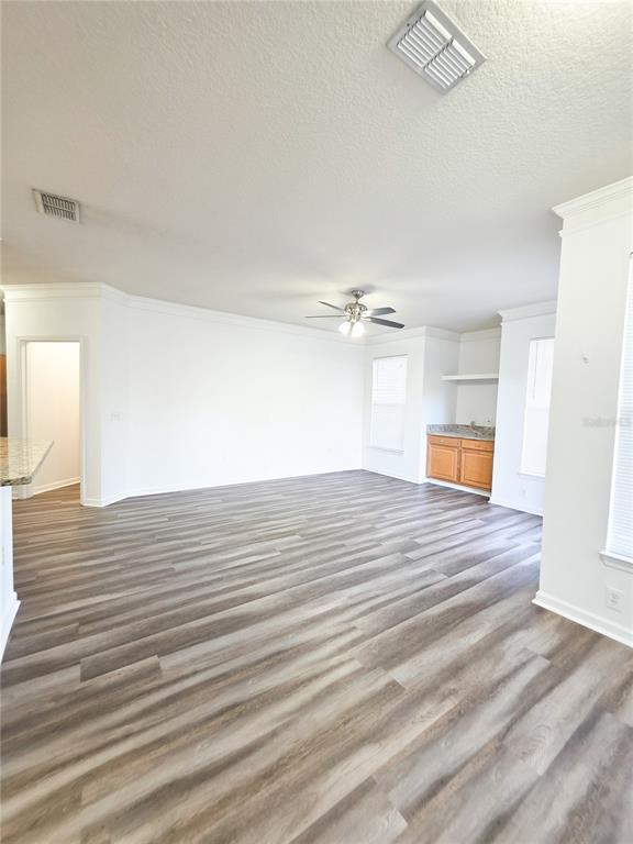 A spacious room features light-colored walls, wood-look flooring, a ceiling fan, and a wet bar — 10431 VILLA VIEW CIRCLE UNIT 10431, TAMPA, FL