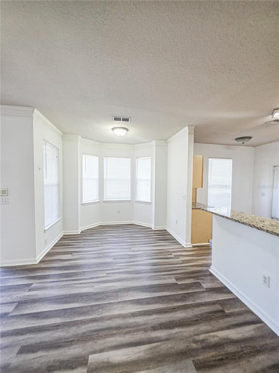 An empty dining area features wood-look flooring, a bay window, and a granite-topped breakfast bar — 10431 VILLA VIEW CIRCLE UNIT 10431, TAMPA, FL