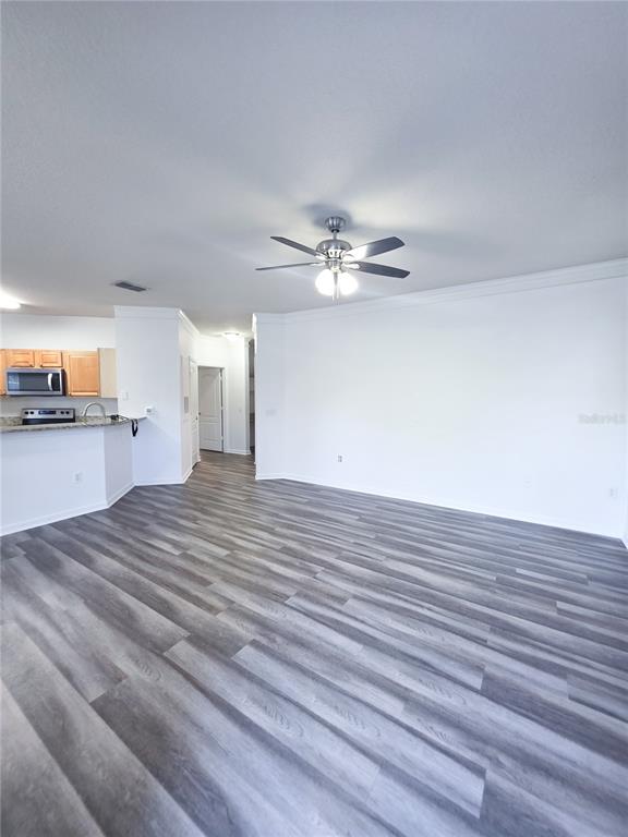 A spacious living area features gray wood-look flooring, a ceiling fan, and an open kitchen — 10431 VILLA VIEW CIRCLE UNIT 10431, TAMPA, FL