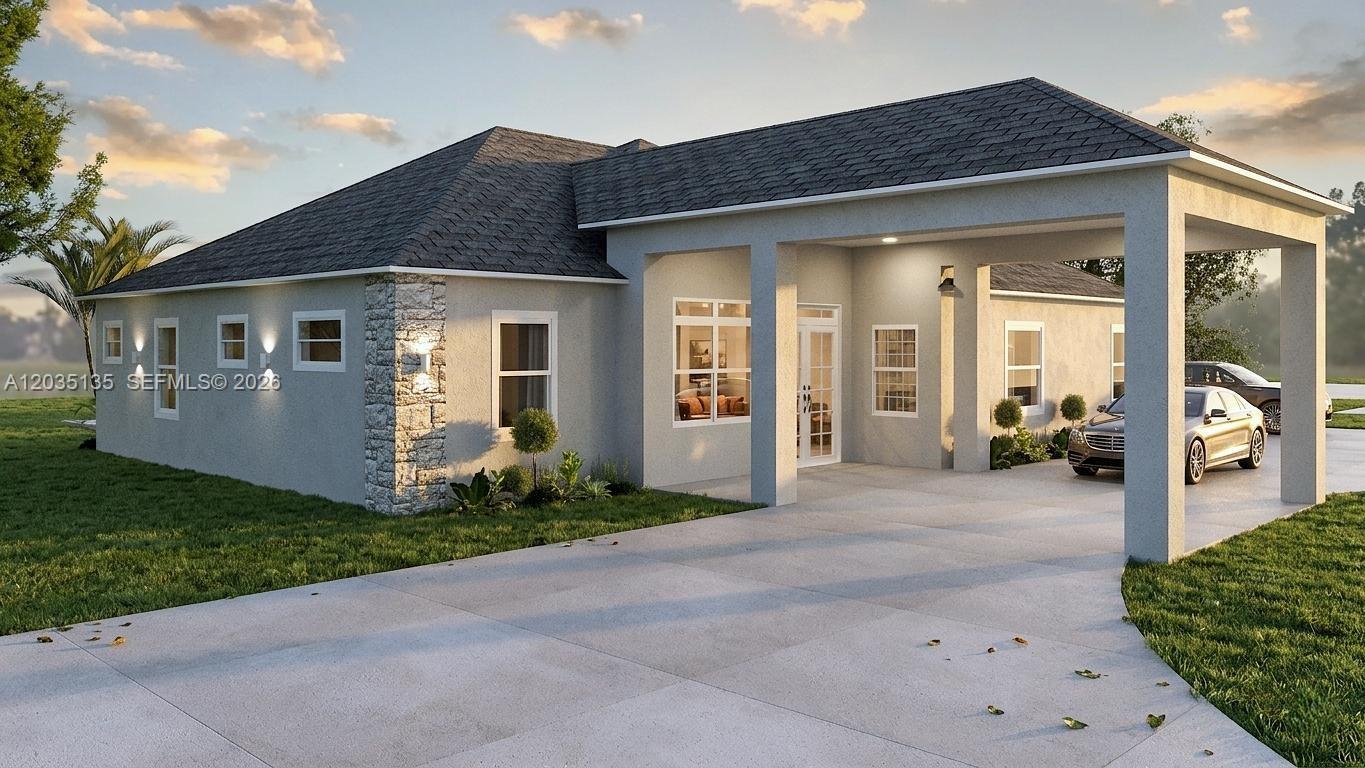 This is a rendering of a single-story house exterior with a stone accent and carport — 3101 Duane Palmer, Sebring FL 33876, SEBRING, FL