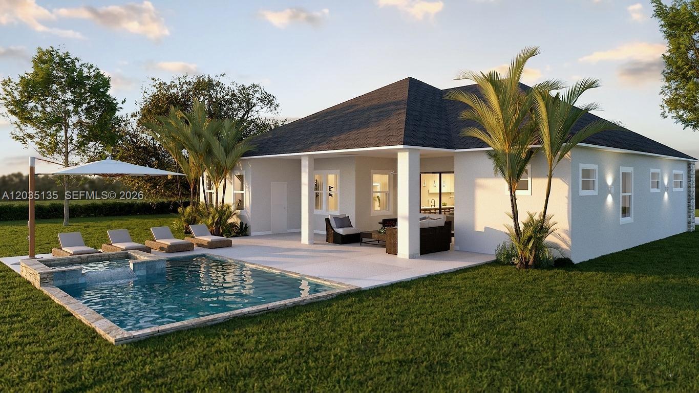This is a rendering of a house exterior featuring a patio, pool, and palm trees — 3101 Duane Palmer, Sebring FL 33876, SEBRING, FL