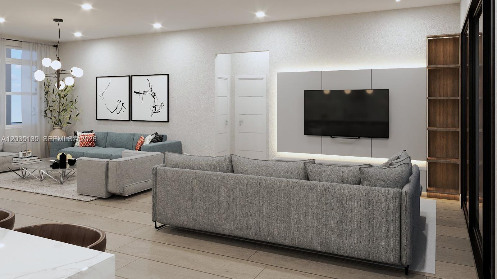 This rendering shows a modern living room with two grey sofas, a wall-mounted television, and wood-look flooring — 3101 Duane Palmer, Sebring FL 33876, SEBRING, FL