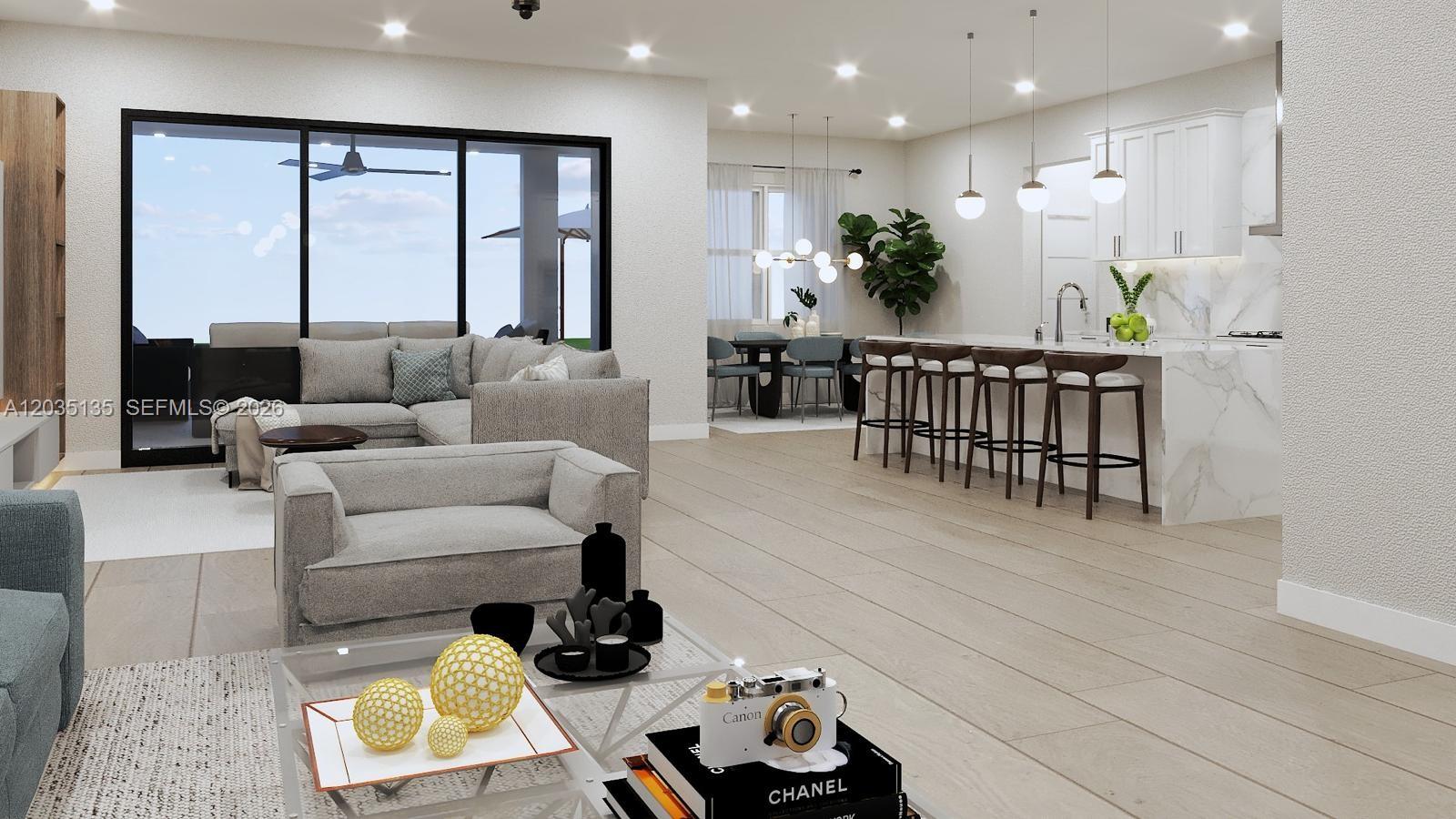 This rendering shows an open-concept living room and kitchen with modern furniture and marble countertops — 3101 Duane Palmer, Sebring FL 33876, SEBRING, FL
