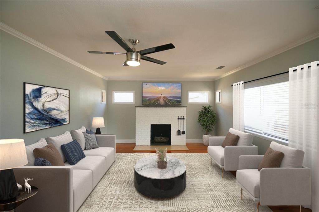 This is a digital rendering of a living room featuring a white brick fireplace — 916 E 25TH AVENUE, TAMPA, FL