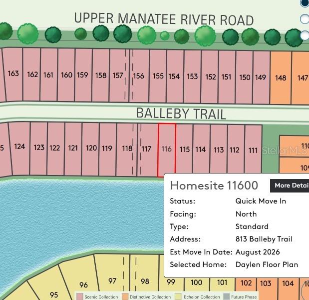 This is a digital map showing available residential lots along Balleby Trail and Upper Manatee River — 813 BALLEBY TRAIL, BRADENTON, FL