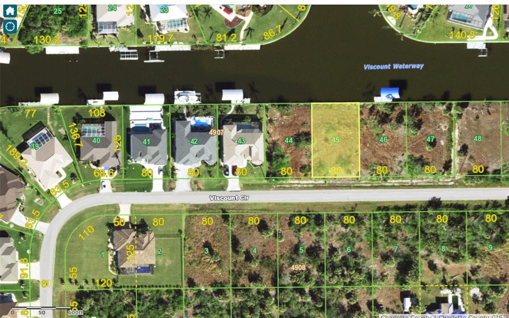 This is a satellite map showing residential lots along a waterway and a street — 15610 VISCOUNT CIRCLE, PORT CHARLOTTE, FL