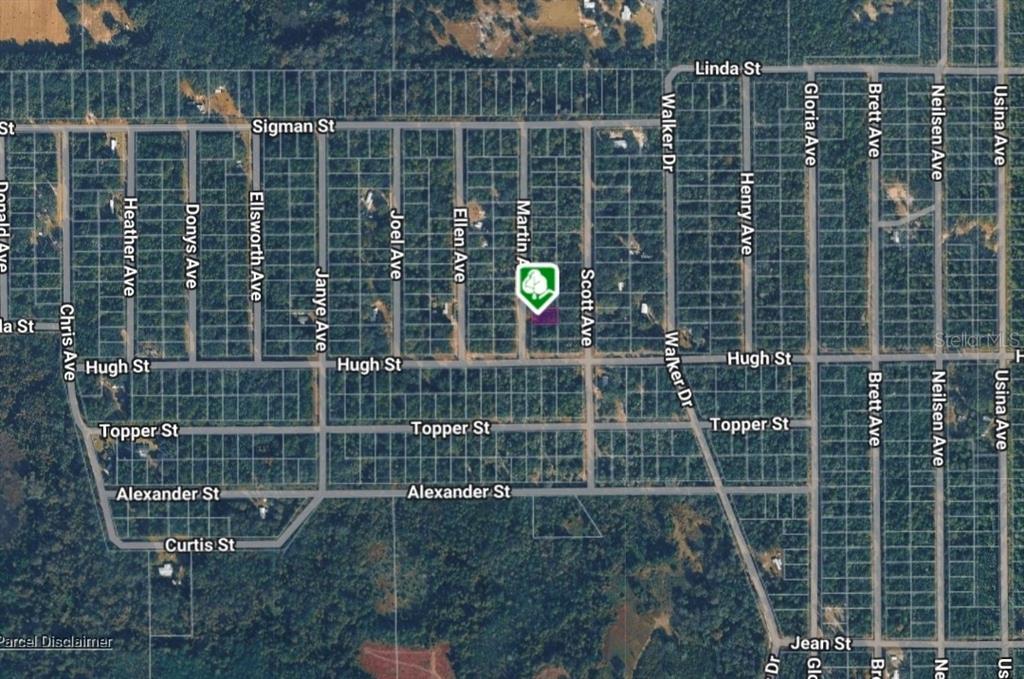 This is an aerial map view of a residential neighborhood with marked street names — LOT 12 MARTIN AVENUE, INTERLACHEN, FL