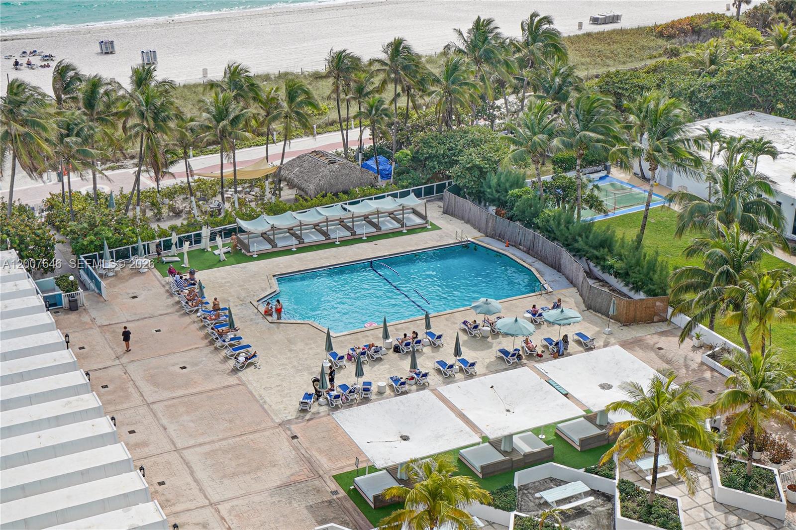 An aerial view shows a swimming pool surrounded by lounge chairs, palm trees, and umbrellas — 5101 Collins Ave # 14F, Miami Beach FL 33140, MIAMI BEACH, FL