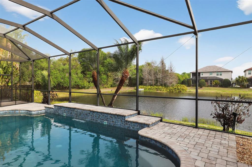 A screened-in pool patio overlooks a pond with palm trees and neighboring houses in view — 710 116TH COURT NE, BRADENTON, FL