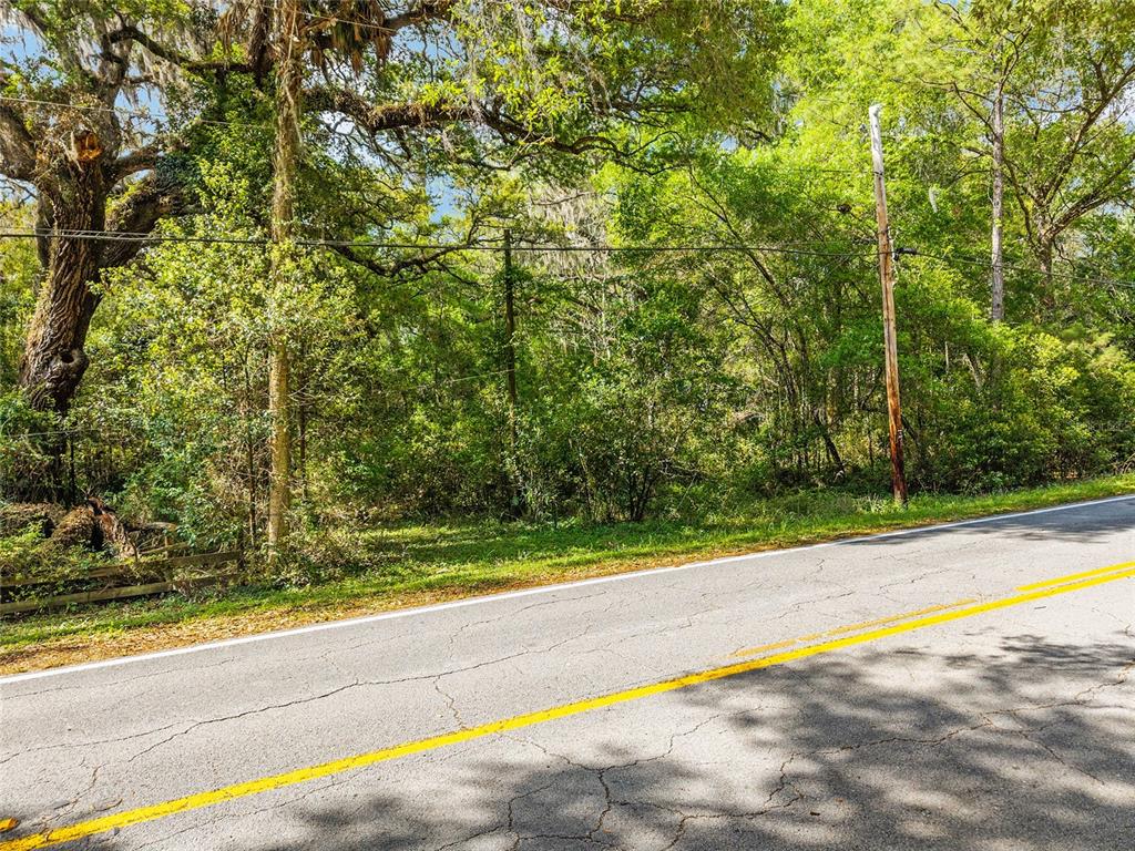 A paved road runs alongside a wooded lot with mature trees and utility poles — 227 SE TUSCAWILLA ROAD, MICANOPY, FL