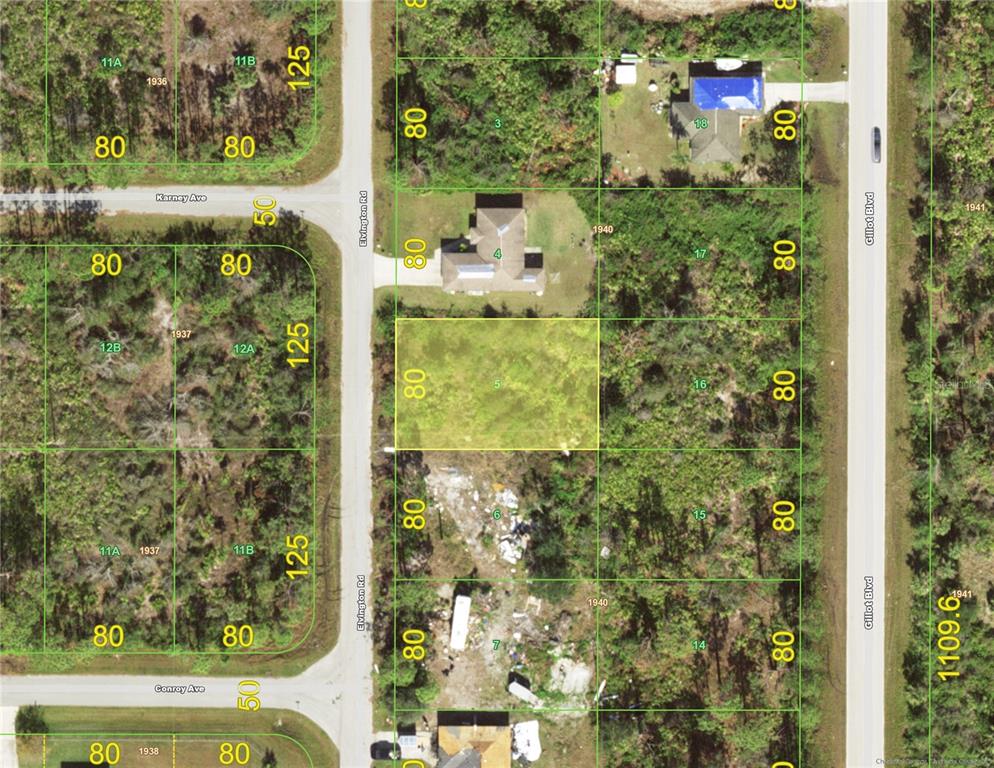 This is an aerial map showing residential lots and street layouts — 4044 ELVINGTON ROAD, PORT CHARLOTTE, FL