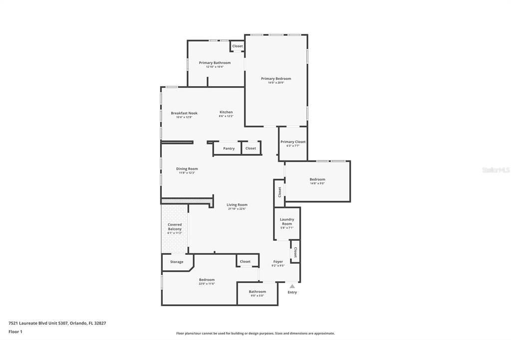 This is a floor plan for a residential unit with three bedrooms and two bathrooms — 7521 LAUREATE BOULEVARD UNIT 5307, ORLANDO, FL