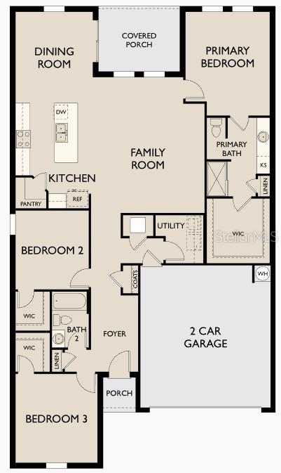 This is a floor plan for a single-story house with three bedrooms and a garage — 1314 DALKEITH CV, SANFORD, FL