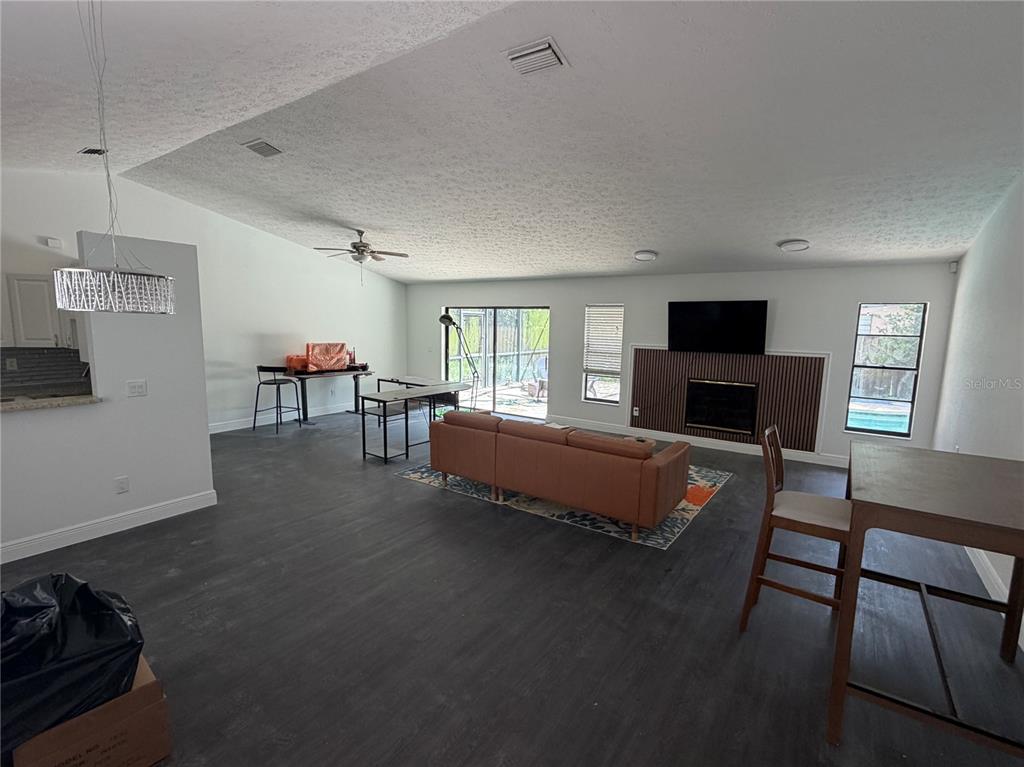 A living room features dark flooring, a brown sofa, a fireplace, and sliding glass doors — 4601 FARMHOUSE DRIVE, TAMPA, FL