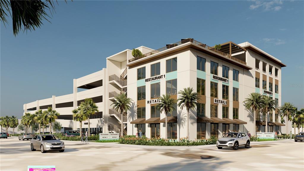 This is a digital rendering of a modern multi-story commercial building with retail and restaurant space — 1300 S ATLANTIC AVENUE, NEW SMYRNA BEACH, FL